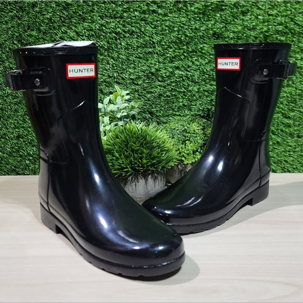 Hunter Refined Short Gloss Boots Black - UK 6 (US Women's 8) New